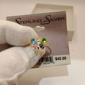 Sterling Silver Butterfly Ring with Multicolor Stones